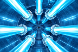 Blue illuminated tubes in a cylinder