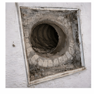 Close-up of dusty air duct opening before professional cleaning service